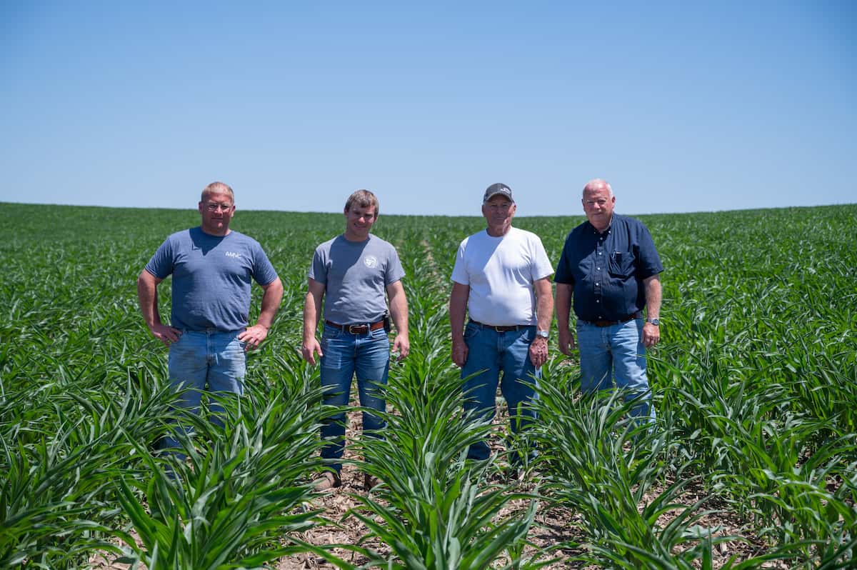 Brad, Brian, Jim and Vance Lundell standing in a corn field on their Iowa family farm